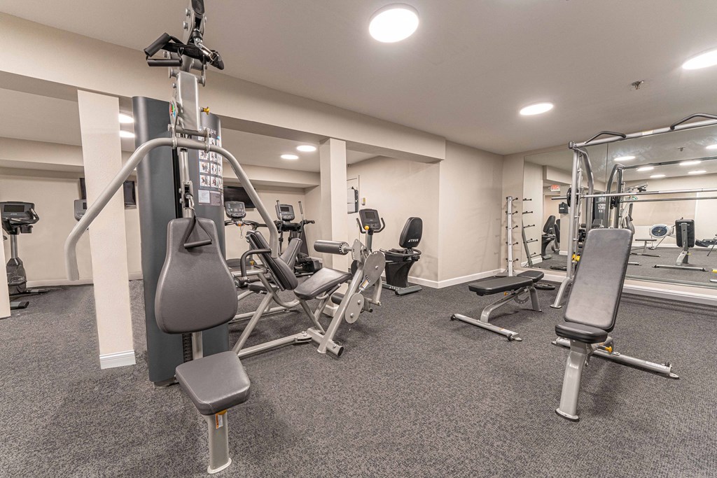 a gym with weights and cardio equipment at the preserve at greatstone