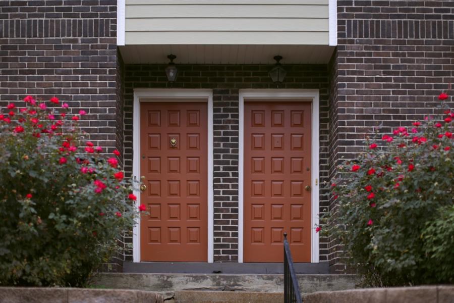 two doors of a brick house with red flowers