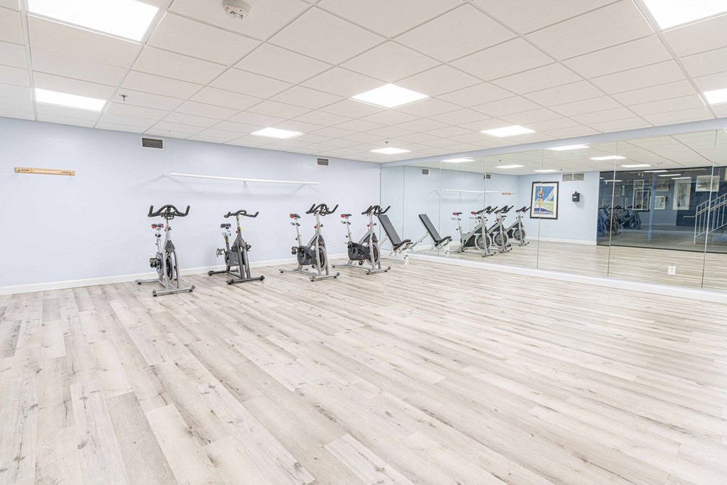 the gym has a large amount of exercise bikes in it