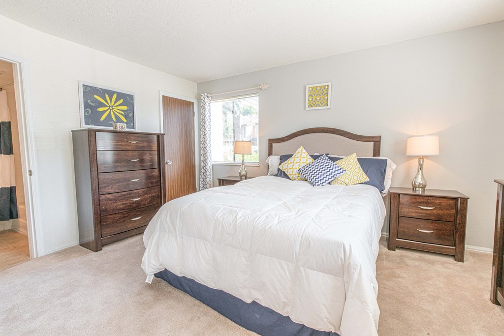 a bedroom with a bed and a dresser and a window
