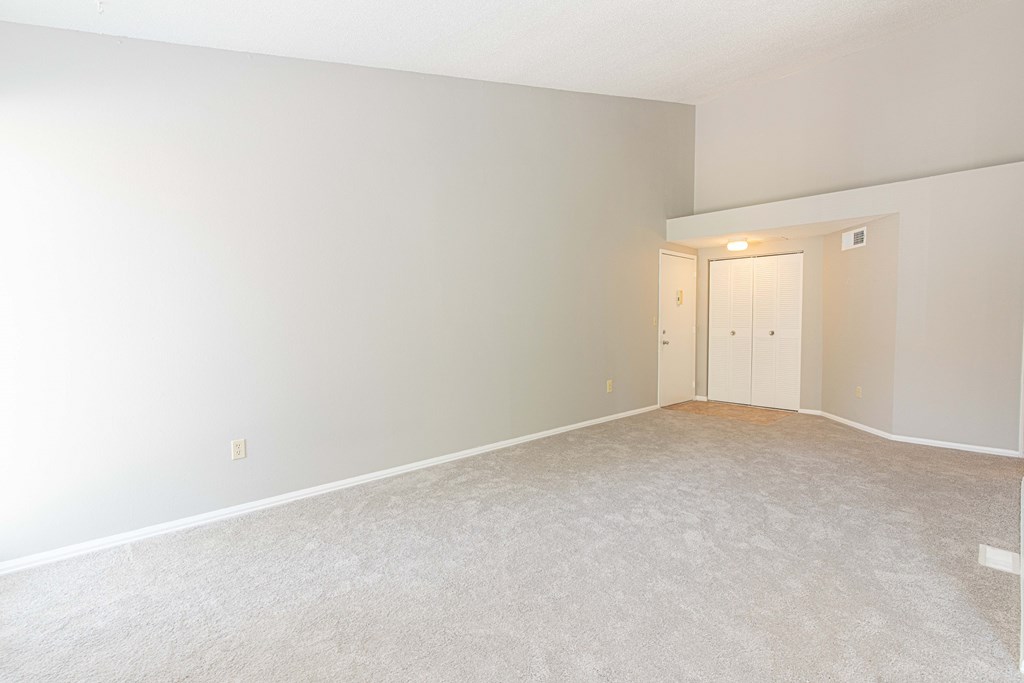 an empty living room with white carpet and a door to a closet