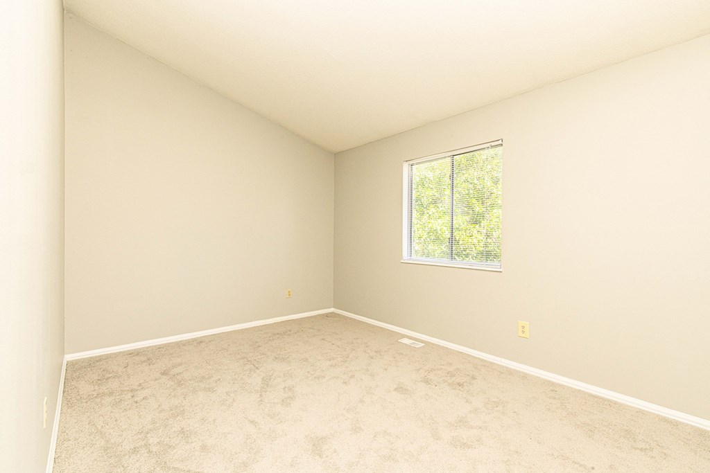 an empty bedroom with a window and carpeting