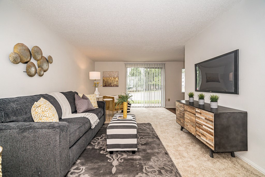 our apartments offer a living room with a couch and a tv