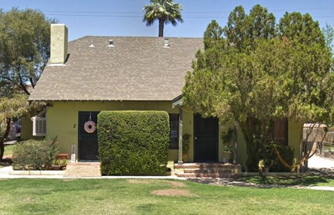 a green house with trees and a palm tree