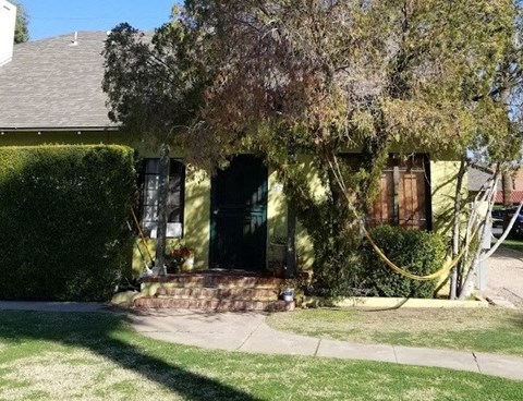 a yellow house with a driveway and a tree in front of it
