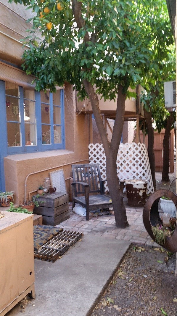 a patio with chairs and a tree in front of a house