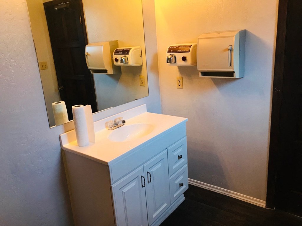 a bathroom with a sink and a mirror