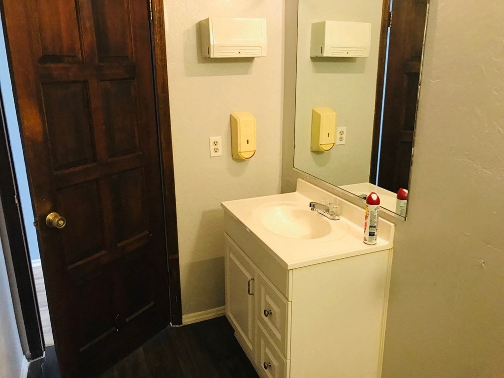 a bathroom with a sink and a mirror and a door