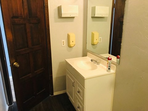 a bathroom with a sink and a mirror and a door