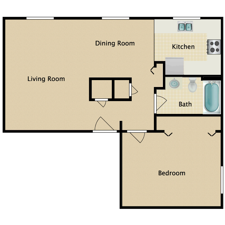 a floor plan of a living room with a kitchen and a dining room