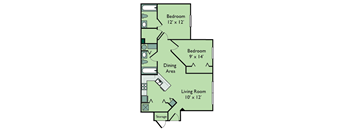 Two Bedroom Two Bathroom 921 Sqft Floor Plan at Leigh Meadows Apartments, Florida, 32257