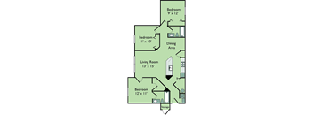 Three Bedroom Two Bathroom 1174 Sqft Floor Plan at Leigh Meadows Apartments, Jacksonville, FL, 32257