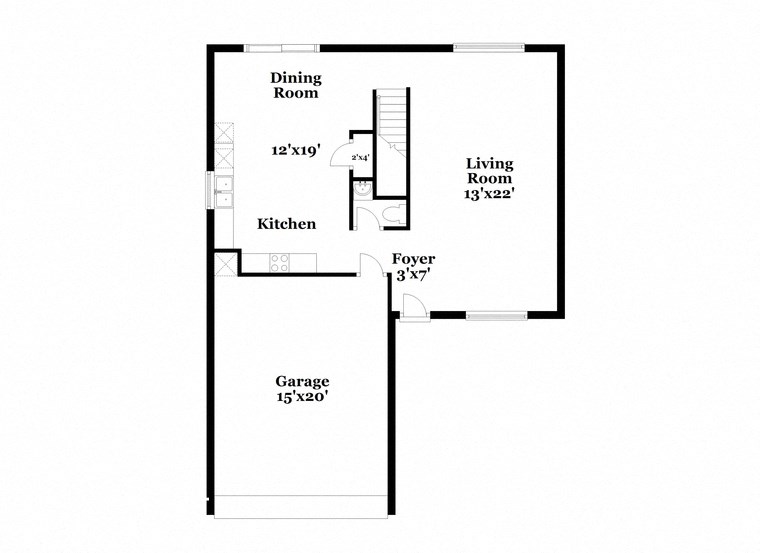 a floor plan of a house with a small kitchen and a living room
