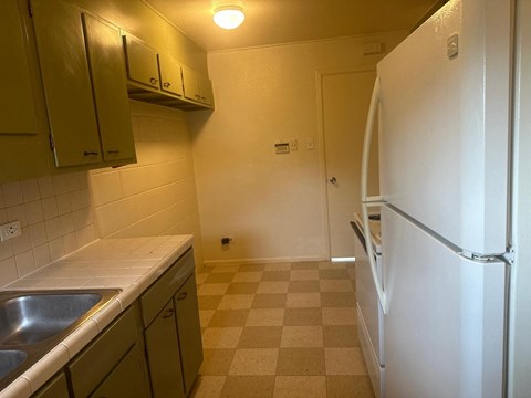 a kitchen with a sink and a refrigerator