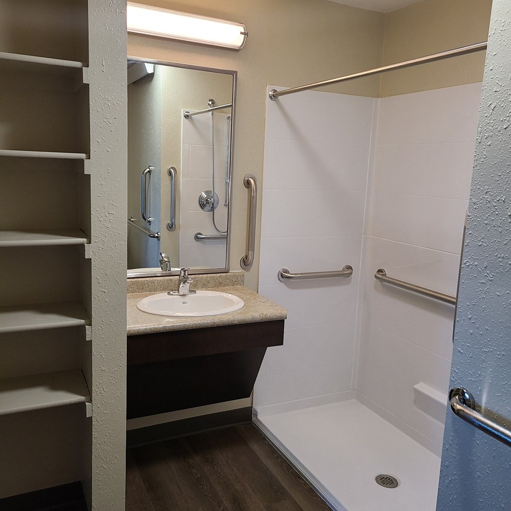 a bathroom with a shower and a sink and a mirror