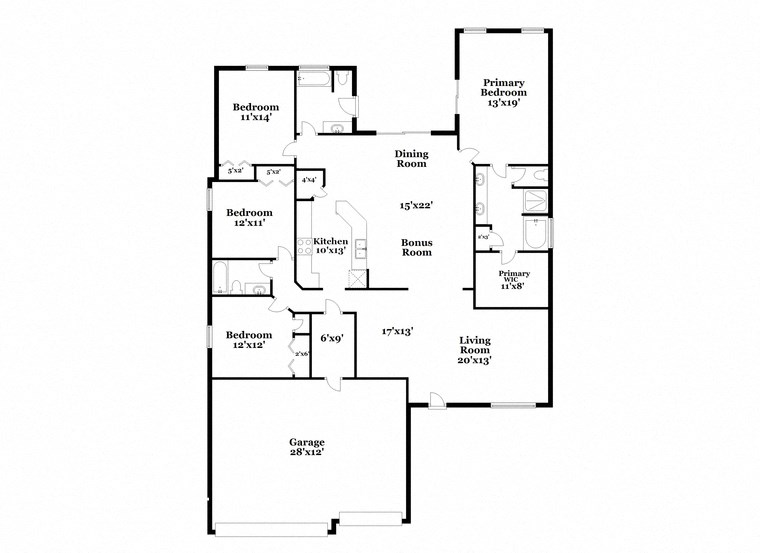 a floor plan of a home with a mix of bedrooms and baths and a garage