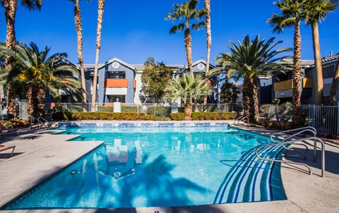A swimming pool surrounded by palm trees and a building in the background.