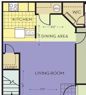 1 bedroom 1 bath architecture drawing of Azalea floor plan