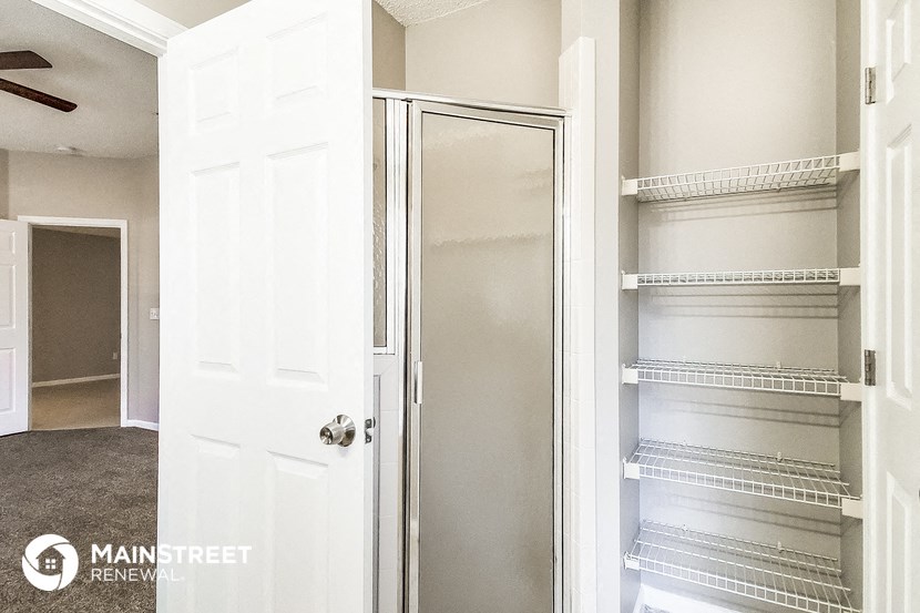 an empty closet with an open door