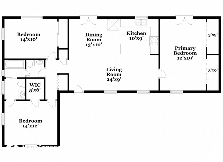 a floor plan of a home with a small kitchen and a living room