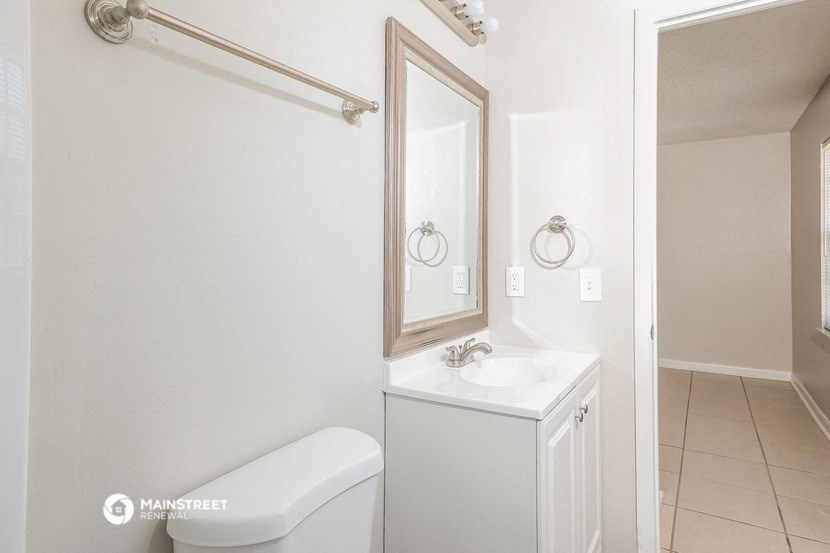 a bathroom with a sink and a mirror and a toilet