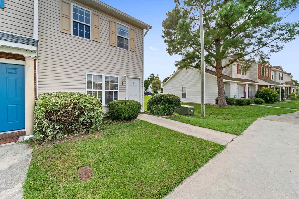 a row of houses with a sidewalk and a blue door