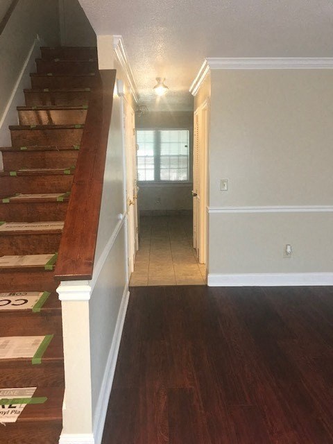 a hallway with stairs and a door to a house