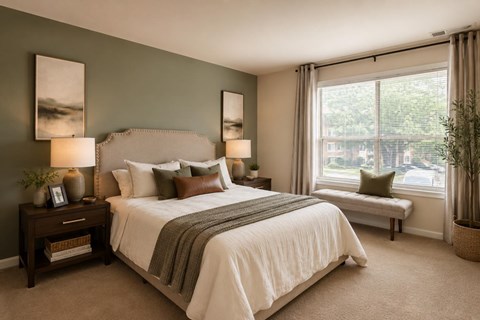 A bedroom with a large bed and a window seat.