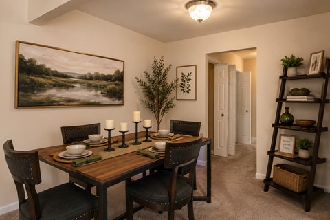 A dining room with a wooden table set for two.