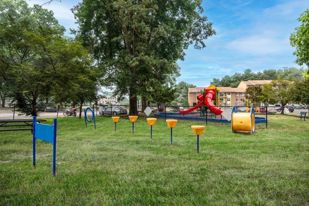 a park with a playground and a splash park