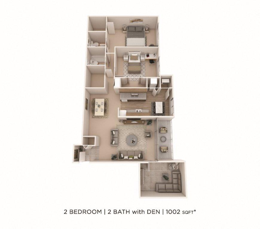 Two Bedroom 1.5 Bath w/ Den - 1,002 sqft