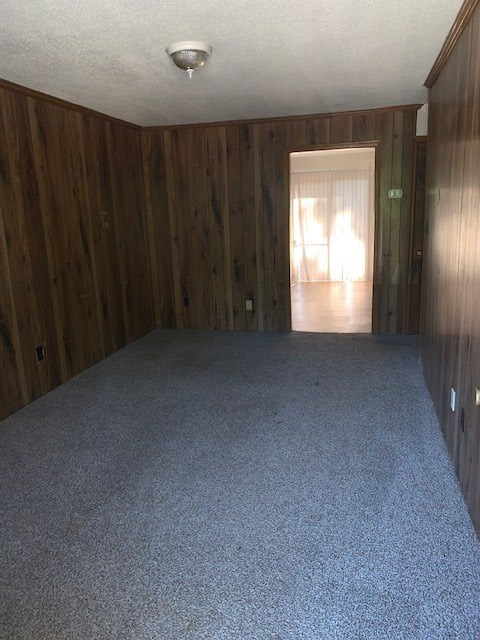 A room with wooden walls and a carpeted floor.