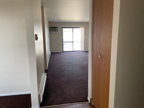 A hallway with a brown carpet and a wooden door.