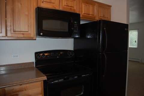 a kitchen with black appliances and wood cabinets