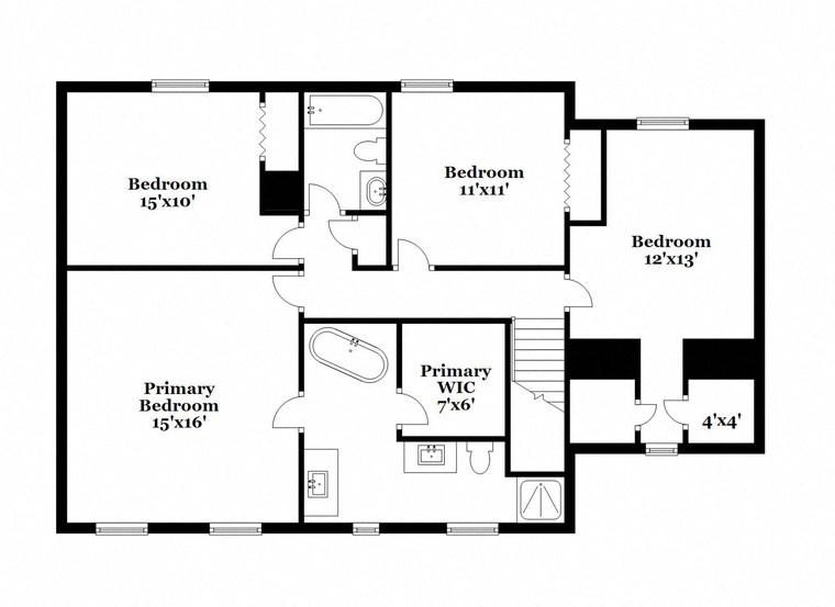 floor plan of the upper level of a house with bedrooms and baths