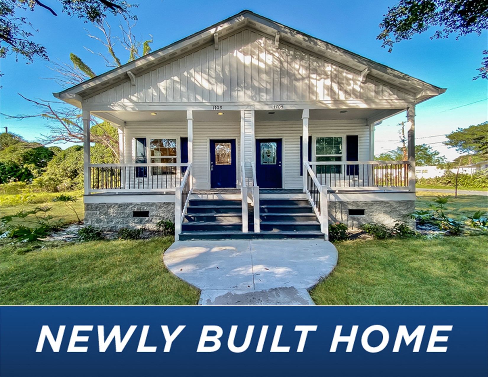 a small white house with the words newly built home