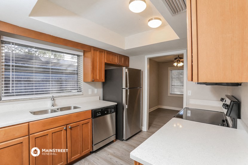 the kitchen is clean and ready to use with stainless steel appliances