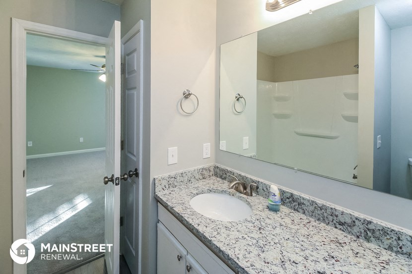 a bathroom with a sink and a mirror and a shower