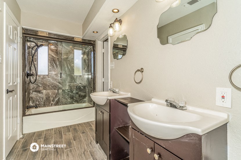 a bathroom with a sink and a shower and a mirror