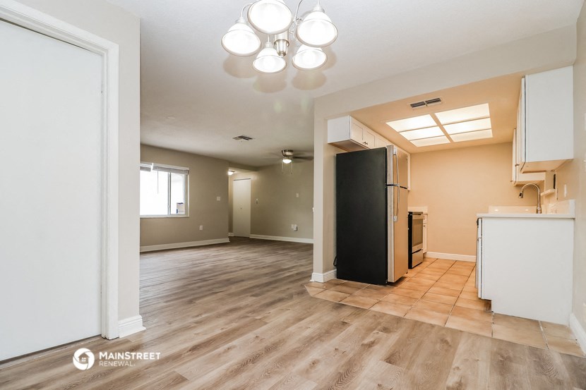 the kitchen and living room of an open floor plan