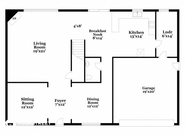 a floor plan of a home with a small kitchen and a living room