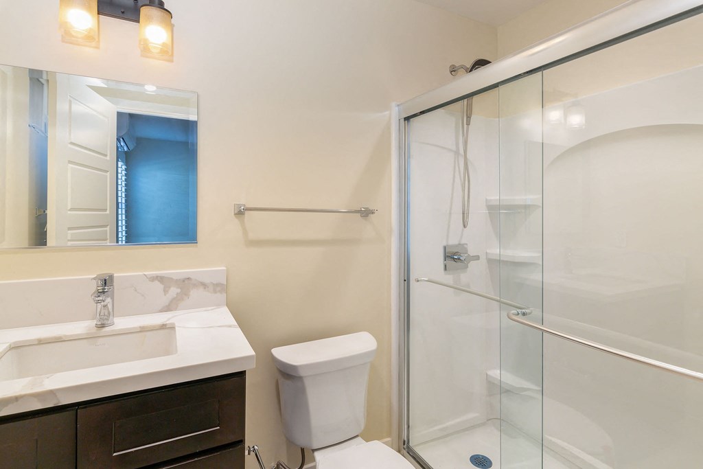 a bathroom with a shower and a sink and a toilet