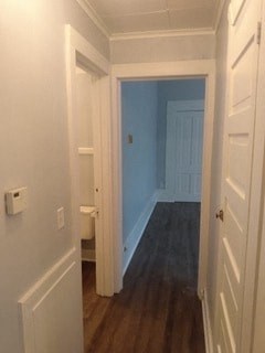 a hallway with a white door and a blue wall and a wooden floor
