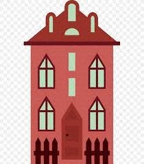 a red building with a door and windows