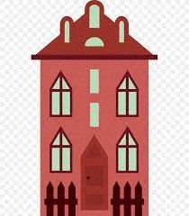 A red house with a brown fence and green windows.