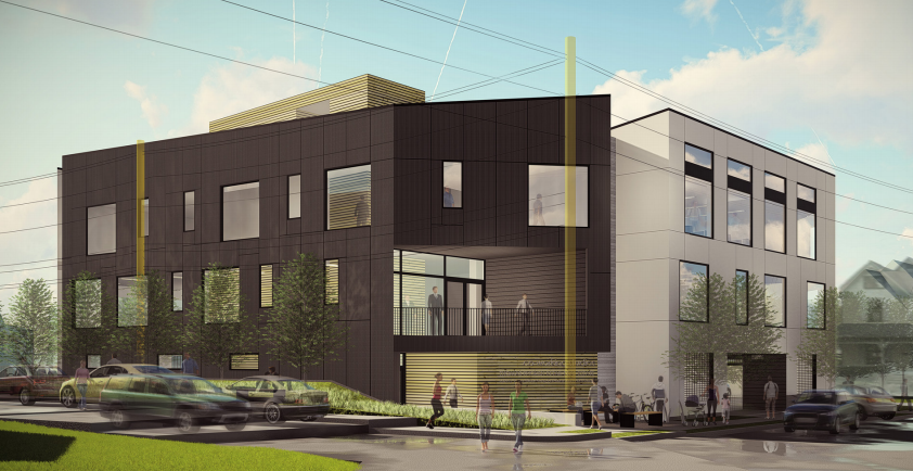 a rendering of a brown and white building with cars