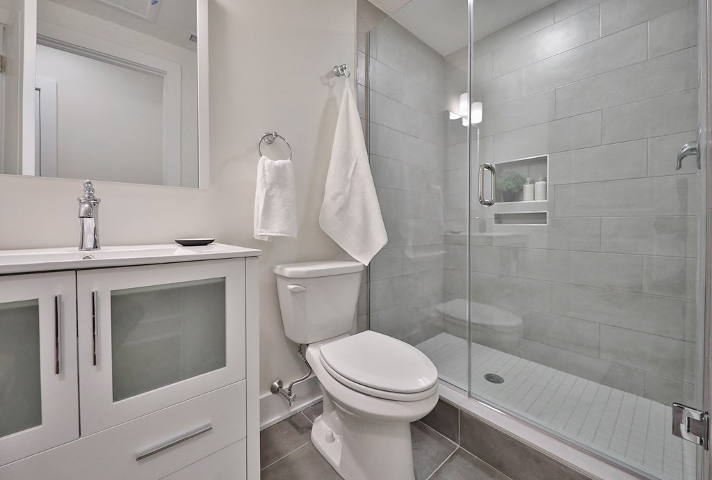 a white bathroom with a shower and a toilet