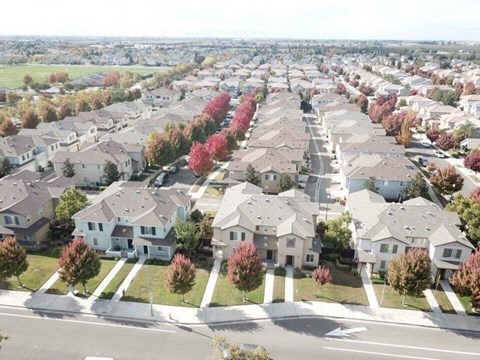 A suburban neighborhood with rows of houses and trees.