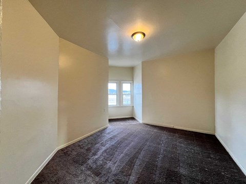A room with a carpeted floor and a window.