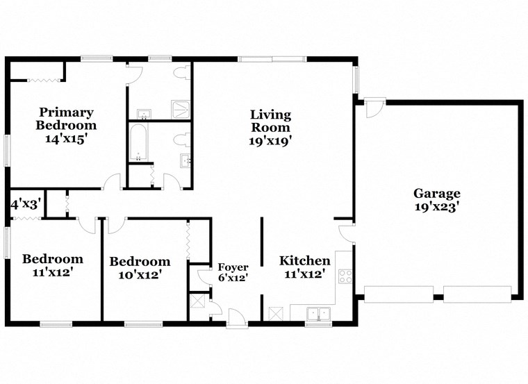 a floor plan of a house with bedrooms and a living room and a garage